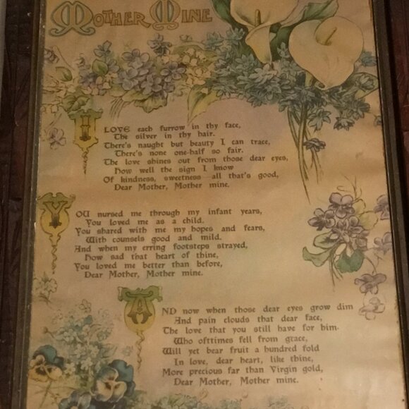 Antique Mother Mine watercolor like print framed behind glass tramp art frame - Picture 5 of 15